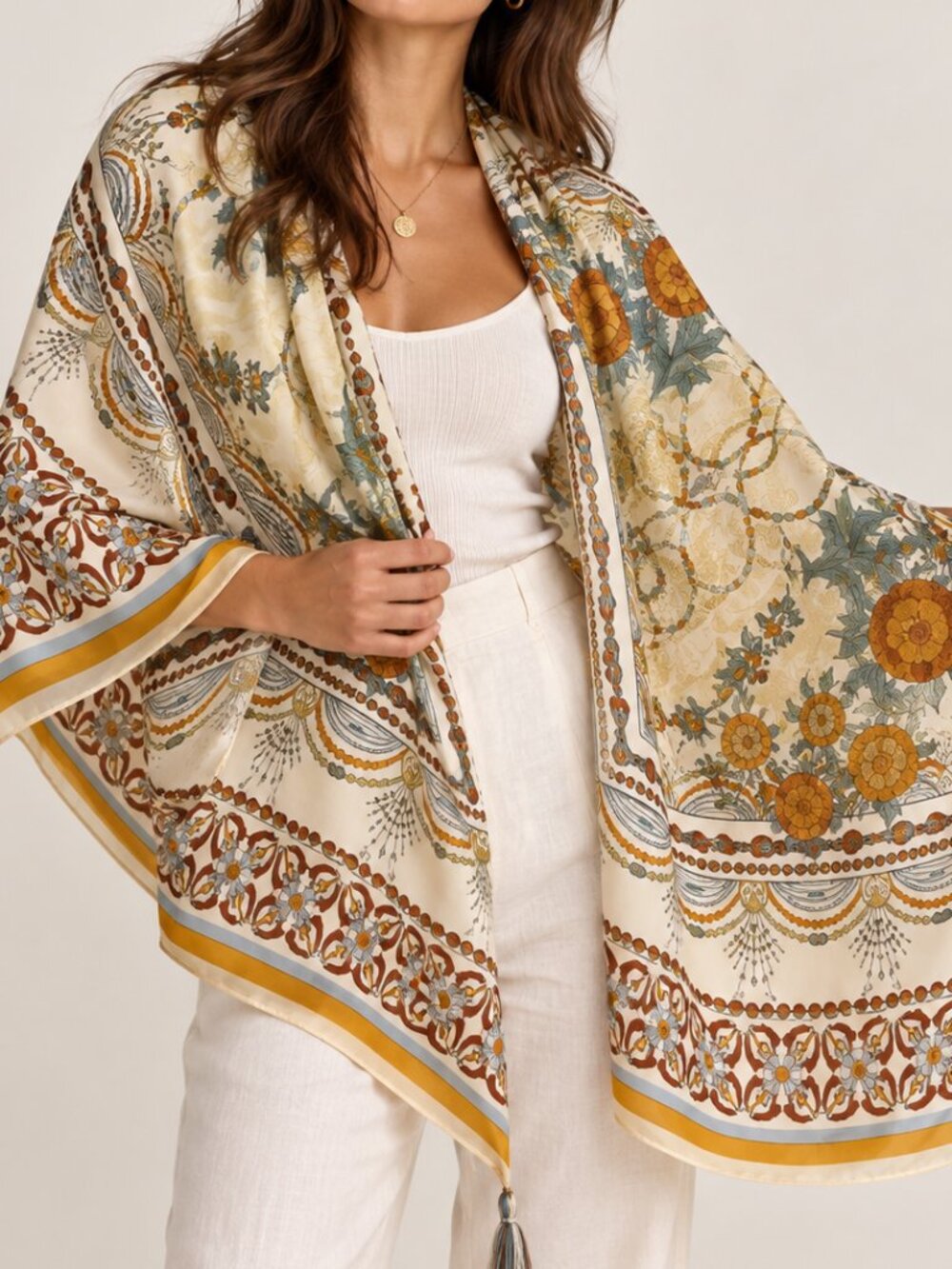 Johnny Was 100% Silk Square Scarf Ornate Floral Print Tassel Corners Boho Luxe